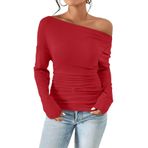 Huamengyuan Uzun kollu tişört, rahat, uzun kollu, omzu açık, dar kesimli Crop-Top, denizaltı yakalı, dış mekan tişörtü, dar tişört, Kırmızı, XS-3XL