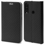 Huawei P30 Lite için Moozy Cüzdan Kılıf, Siyah Karbon - Metalik Kenarlı Kapaklı Kılıf Mıknatıslı Kapak Kart Tutucu ve Destek Çubuğu İşlevli