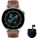 Huawei Watch 3 Classic + Freebuds 3 Siyah - 1,43 Inç Amoled Dokunmatik Ekranlı 4g Akıllı Saat, Cep Telefonu Olmadan Telefon Görüşmeleri Için Esım, 3 Günlük Pil, 7/24, Kahverengi Deri Kayış - Siyah