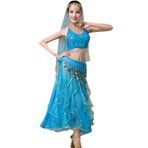 Huixin Karnaval kostümleri kadın gösterim sanatları Hint performans kıyafeti oryantal dans yetişkin kostüm tutucu ek püskül kıyafet kız crop top/etek/Headwear/duvak / payet kemer 5 adet, Mavi, Ölçü Birimi