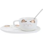 Huiyiwert Porselen Espresso Fincanı Seti, Sevimli Kedi Kahve Fincanı, Altlık ve Kaşıklı 200 ml Cappuccino Fincanı, Kedi Sevgilisi için Hediye Doğum Günü Anneler Günü (Beyaz)