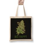 Humuts Bee Happy Cannabis Weed Marijuana Uzun Saplı Açık Bej Bez Çanta