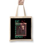 Humuts Cute Eat Sleep K-Pop Repeat Korean Music Kpop Girl Uzun Saplı Açık Bej Bez Çanta