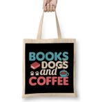 Humuts Cute Funny Books Dogs and Coffee Bookworm Uzun Saplı Açık Bej Bez Çanta