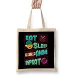 Humuts Cute Funny Eat Sleep Anime Repeat Anime Lover Uzun Saplı Açık Bej Bez Çanta