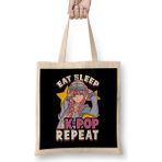 Humuts Cute Funny Eat Sleep K-Pop Repeat Korean Music Uzun Saplı Açık Bej Bez Çanta