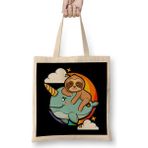 Humuts Cute Funny Sloth Riding Narwhal Animal Friends Uzun Saplı Açık Bej Bez Çanta