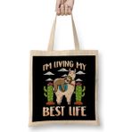 Humuts Cute Sloth & Llama Living My Best Life Sleepy Lazy Açık Bej Uzun Saplı Bez Çanta