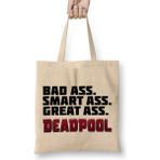 Humuts Deadpool Badass Smartass Greatass Funny Joke Deadpool Parody 03 Uzun Saplı Açık Bej Bez Çanta