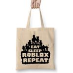 Humuts Eat Sleep Roblox Repeat 01 Açık Bej Uzun Saplı Bez Çanta