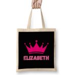 Humuts Elizabeth-Name Personalized Custom-Vintage Retro Rainbow Style Design Gift Baby-Gift for Her Uzun Saplı Açık Bej Bez Çanta