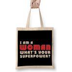 Humuts Feminist I Am A Woman Whats Your Superpower Bez Uzun Saplı Açık Bej Rengi Çanta
