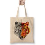 Humuts Geo Sketch Tiger Açık Bej Uzun Saplı Bez Çanta