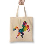 Humuts Geometric Animal Rainbow Horse Rearing Açık Bej Uzun Saplı Bez Çanta