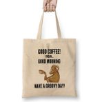 Humuts Good Mornıng Funny Coffee Drinks Lover Gift Quote Vintage Retro Rainbow Style Uzun Saplı Açık Bej Bez Çanta