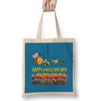 Humuts Happy World Bee Day! Açık Bej Uzun Saplı Bez Çanta