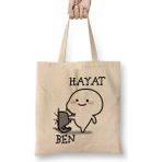 Humuts Hayat Ben Komik Bez Uzun Saplı Açık Bej Rengi Çanta