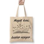 Humuts Hayat Kısa Kuşlar Uçuyor Bez Uzun Saplı Açık Bej Rengi Çanta