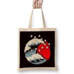 Humuts Japan Flag Wave Stork Crane Cherry Blossom Tree Sakura Uzun Saplı Açık Bej Bez Çanta