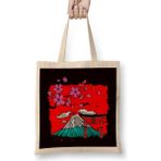 Humuts Japan Sakura Cherry Blossom Tree Volcano Japanese Art Nature Uzun Saplı Açık Bej Bez Çanta
