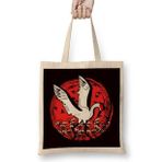 Humuts Japanese Flag Stork Crane Sakura Japan Art Nature Flowers Uzun Saplı Açık Bej Bez Çanta