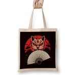 Humuts Japanese Hand Fan Cat Geisha Samurai Ninja Shinobi Warrior Uzun Saplı Açık Bej Bez Çanta