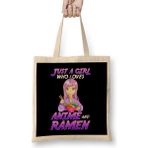 Humuts Just A Girl Who Loves Anime & Ramen Açık Bej Uzun Saplı Bez Çanta