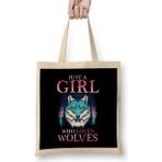Humuts Just A Girl Who Loves Wolves Confident Lone Wolf Açık Bej Uzun Saplı Bez Çanta