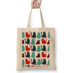 Humuts Kediler Cat Pattern Açık Bej Uzun Saplı Bez Çanta