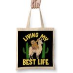 Humuts Living My Best Life Adorable Sloth Riding Llama Uzun Saplı Açık Bej Bez Çanta