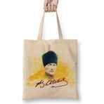 Humuts Mustafa Kemal Atatürk Açık Bej Uzun Saplı Bez Çanta
