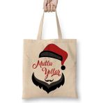 Humuts Noel Baba ile Mutlu Yıllar Bez Uzun Saplı Açık Bej Rengi Çanta