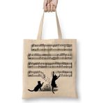 Humuts Yaramaz Komik Müzik Notalı Kedi Cat Bez Uzun Saplı Açık Bej Rengi Çanta