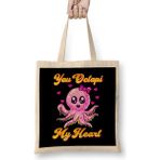 Humuts You Octopi My Heart Adorable Baby Octopus Pun Bez Uzun Saplı Açık Bej Rengi Çanta