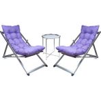 Hundemir Minderli Katlanır Şezlong Seti (İkili) -Premium Konfor Bahçe, Balkon, Teras ve Plaj İçin 2 Şezlong + 1 Sehpa Şezlong Takımı - Mor