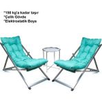 Hundemir Minderli Katlanır Şezlong Seti (İkili) -Premium Konfor Bahçe, Balkon, Teras ve Plaj İçin 2 Şezlong + 1 Sehpa Şezlong Takımı - Turkuaz