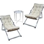 Hundemir Premium Konfor Minderli Katlanır Şezlong Seti (İkili) - Bahçe, Balkon, Teras ve Plaj İçin 2 Şezlong + 1 Sehpa Şezlong Takımı - Krem