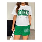 Hunors Sportswear & Company Kadın Beyaz Brooklyn Baskılı Yeşil Şort Beyaz T-shirt 2 Li ,takım