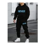 Hunors Sportswear & Company Siyah Erkek Oversize Basic Kapüşonlu Paçası Lastikli Never Trust Baskılı Pamuklu Eşofman Takımı