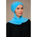 Hürrem Bone 1203A_11 Sandy Kumaş Örgülü Güllü Şifon Atkılı Bebe Mavisi Pratik Hazır Geçmeli Tesettür Bone