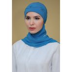 Hürrem Bone 1206A_34 Mavi Sandy Kumaş Güllü İşlemeli Şifon Atkılı Pratik Hazır Geçmeli Tesettür Bone