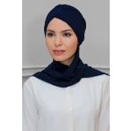 Hürrem Bone 1208A_02 Lacivert Sandy Kumaş Taçlı Büzgülü Şifon Atkılı Pratik Hazır Geçmeli Tesettür Bone