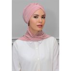 Hürrem Bone 1208A_06 Pudra Sandy Kumaş Taçlı Büzgülü Şifon Atkılı Pratik Hazır Geçmeli Tesettür Bone