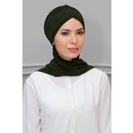 Hürrem Bone 1208A_09 Haki Sandy Kumaş Taçlı Büzgülü Şifon Atkılı Pratik Hazır Geçmeli Tesettür Bone