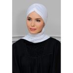 Hürrem Bone 1208A_42 Beyaz Sandy Kumaş Taçlı Büzgülü Şifon Atkılı Pratik Hazır Geçmeli Tesettür Bone