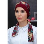 Hürrem Bone 1305D_16 Bordo Sandy Kumaş Desenli Şifon Kemerli Pratik Hazır Geçmeli Tesettür Bone