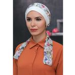 Hürrem Bone 1305D_40 Krem Sandy Kumaş Desenli Şifon Kemerli Pratik Hazır Geçmeli Tesettür Bone
