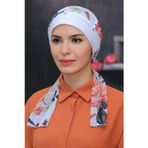 Hürrem Bone 1305D_42 Beyaz Sandy Kumaş Desenli Şifon Kemerli Pratik Hazır Geçmeli Tesettür Bone