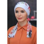 Hürrem Bone 1305D_42 Beyaz Sandy Kumaş Desenli Şifon Kemerli Pratik Hazır Geçmeli Tesettür Bone