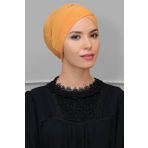 Hürrem Bone 1801_03 Gold Sandy Kumaş Çapraz Büzgülü Pratik Hazır Geçmeli Tesettür Bone